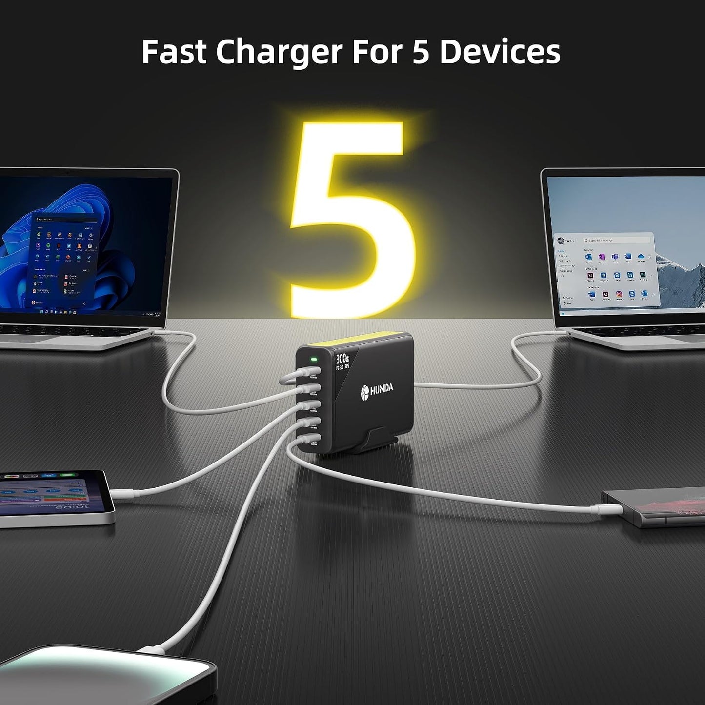 HUNDA - Cargador USB C (300 W, cargador GaN rápido, 5 puertos USB C para MacBook Pro/Air, Google Pixelbook, ThinkPad, Dell XPS, iPad Pro, Galaxy S23/S22, iPhone 15/1413/Pro, etc