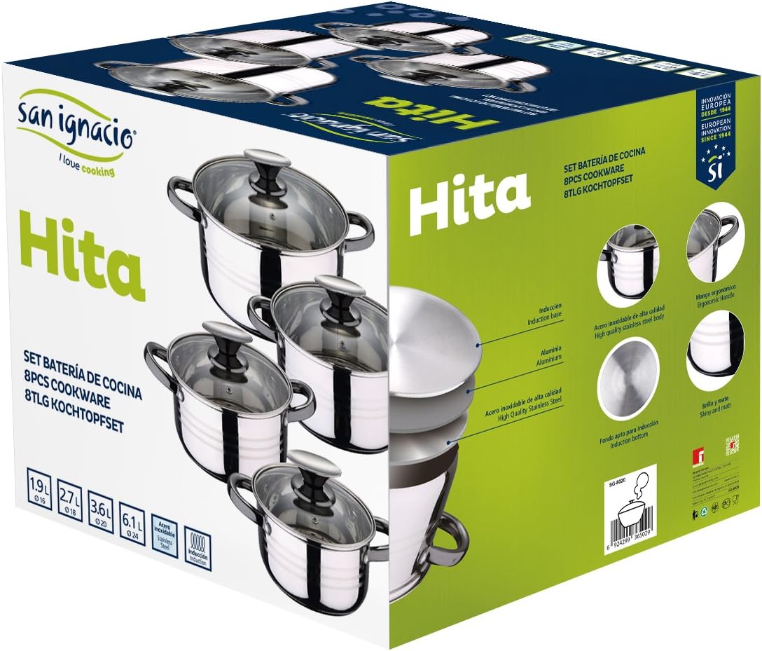 San Ignacio Bateria de cocina 8 piezas-acero inoxidable-tapas de vidrio-apta para inducción-Colección Hita, Ø16 Ø18 Ø20 y Ø24 cms