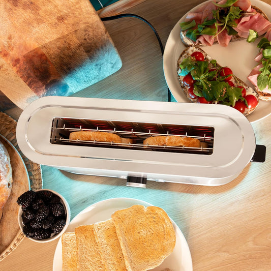 Cecotec Tostadora Vertical de Acero con Ranura Larga Shine&Toast Extra. 1050W, Capacidad para 2 Tostadas, Ranura Ancha de 3,8cm, Anillo Luminoso, 7 Niveles de Tostado, Varillas Superiores