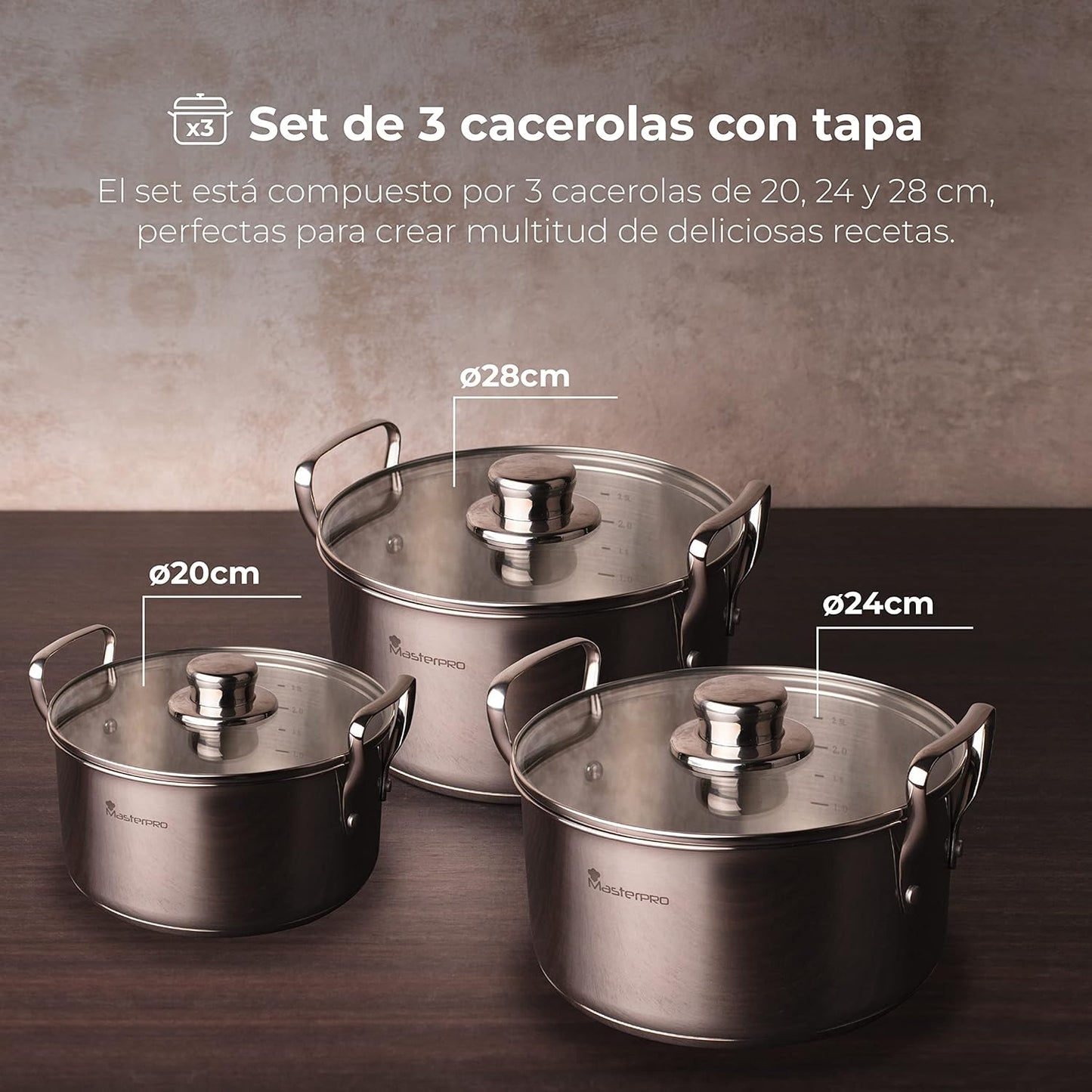 MasterPRO Smart - Batería de Cocina - Set de 6 Piezas Con Tapa de Cristal de 20, 24 y 28cm