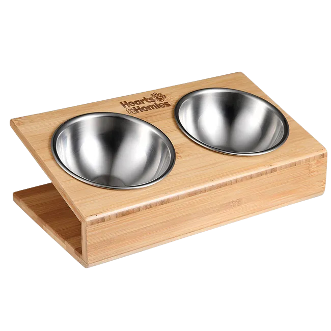 Comedero de Perros Fuente doble en forma de V de acero inox y bambú Hearts&Homies
