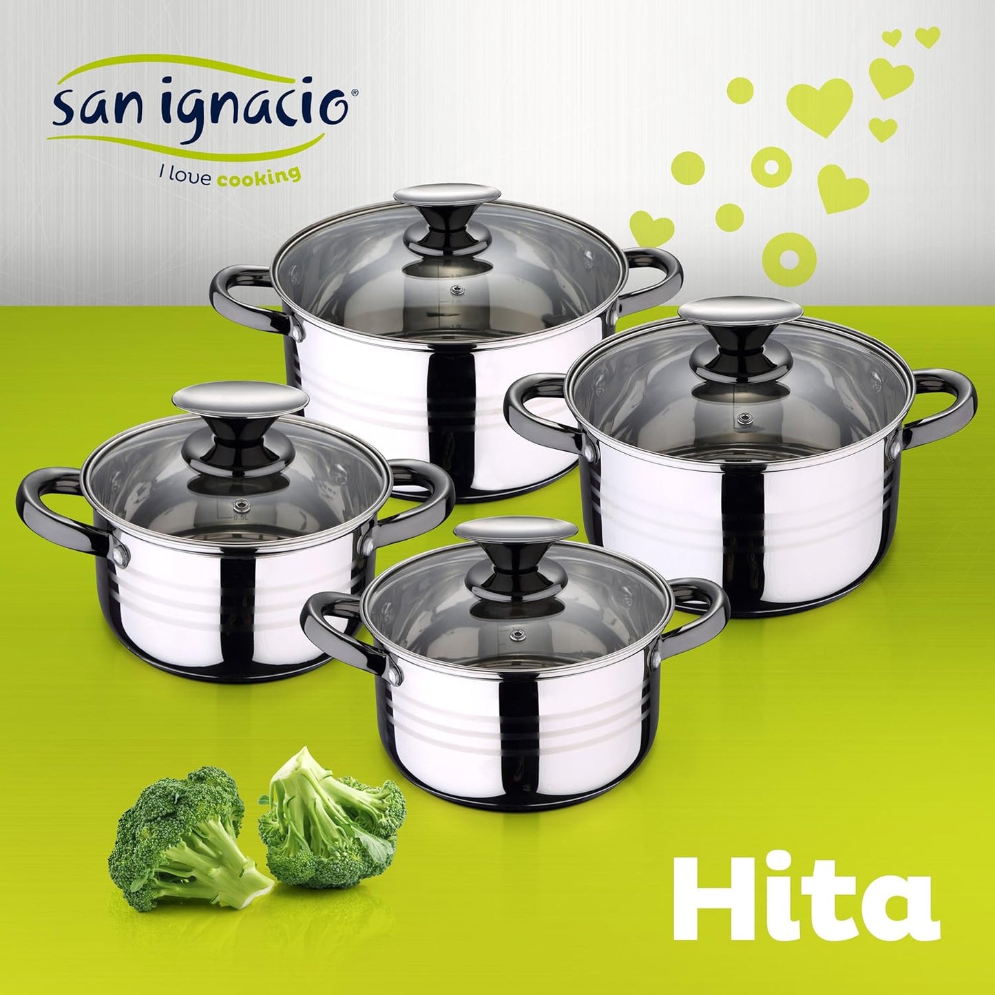 San Ignacio Bateria de cocina 8 piezas-acero inoxidable-tapas de vidrio-apta para inducción-Colección Hita, Ø16 Ø18 Ø20 y Ø24 cms
