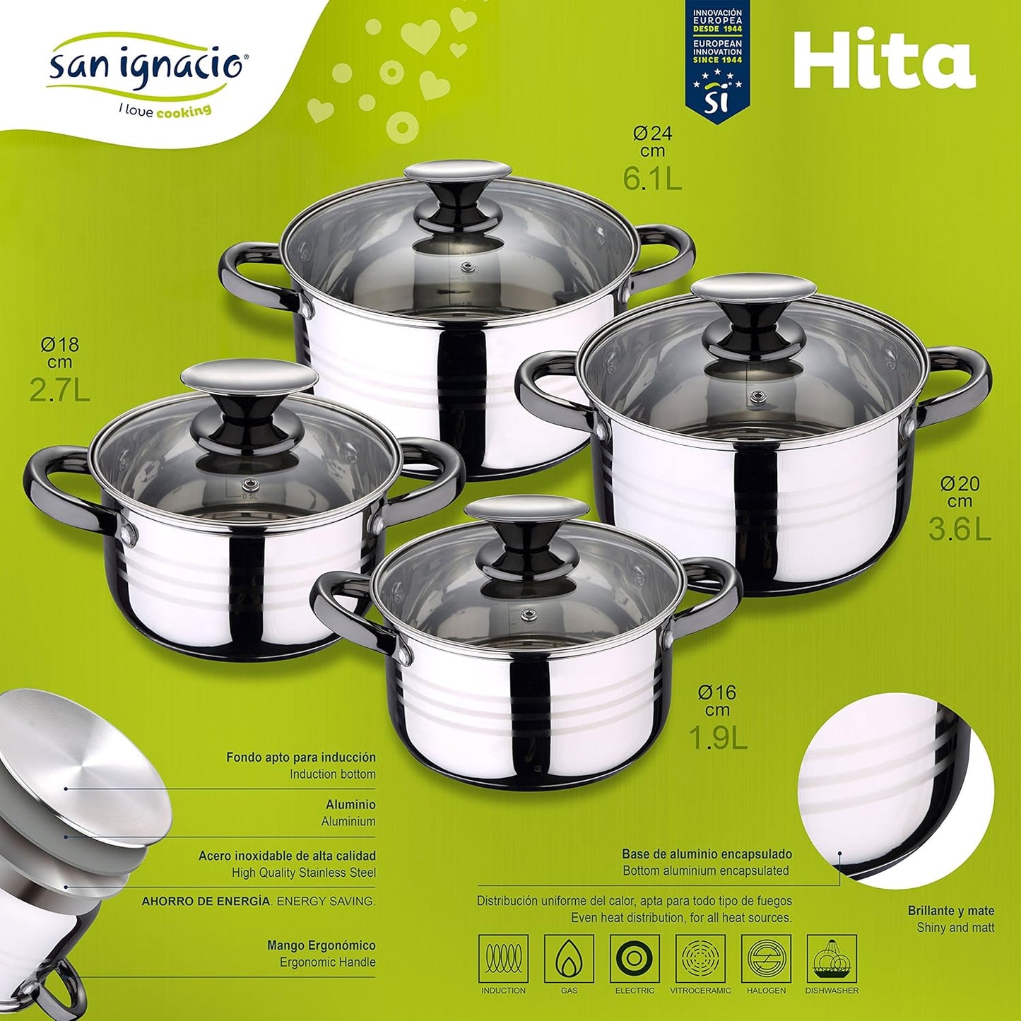 San Ignacio Bateria de cocina 8 piezas-acero inoxidable-tapas de vidrio-apta para inducción-Colección Hita, Ø16 Ø18 Ø20 y Ø24 cms