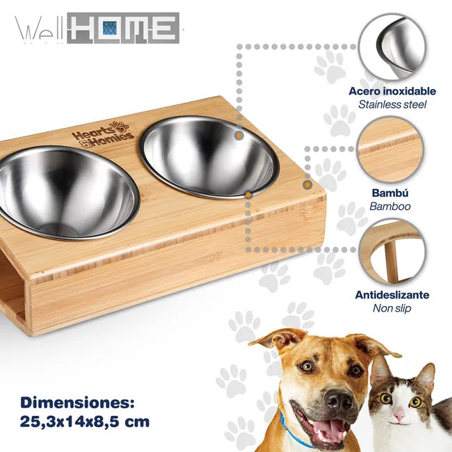 Comedero de Perros Fuente doble en forma de V de acero inox y bambú Hearts&Homies