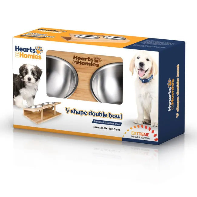 Comedero de Perros Fuente doble en forma de V de acero inox y bambú Hearts&Homies