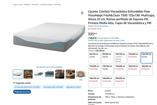 Cecotec Colchón Viscoelástico Enfundable Flow ViscoAdapt Fresh&Clean 7500 135x190