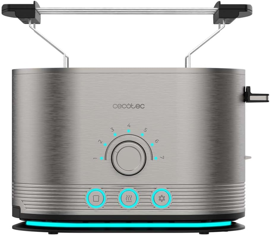 Cecotec Tostadora Vertical de Acero con Doble Ranura Corta Shine&Toast Double. 850W, Capacidad para 2 Tostadas, Ranuras Anchas de 3,8cm, Anillo Luminoso, 7 Niveles de Tostado, Varillas Superiores