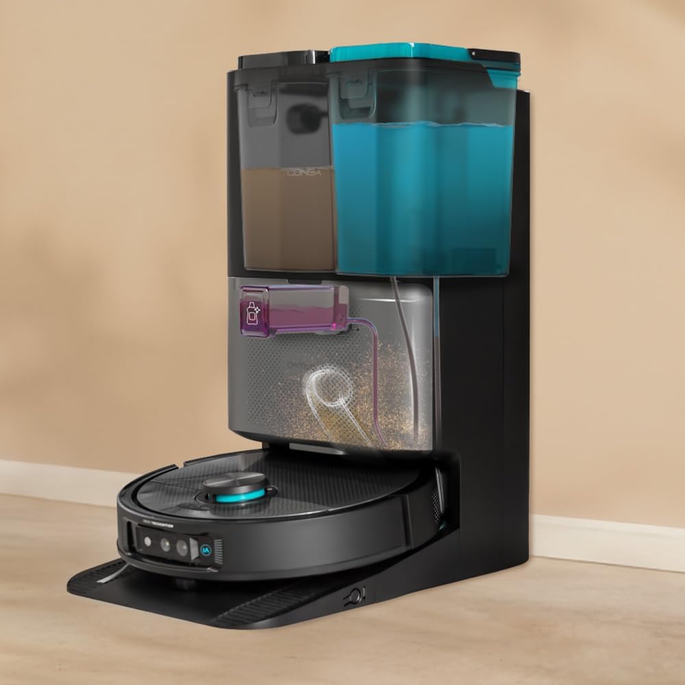 Cecotec Robot Aspirador y Friegasuelos Base Autovaciado con Hair Cutting Conga 20090 ProAI InfinitySoap Cut&SPA. 8000Pa, Tecnología Láser, Detección de Objetos, Dosificador de Jabón, App