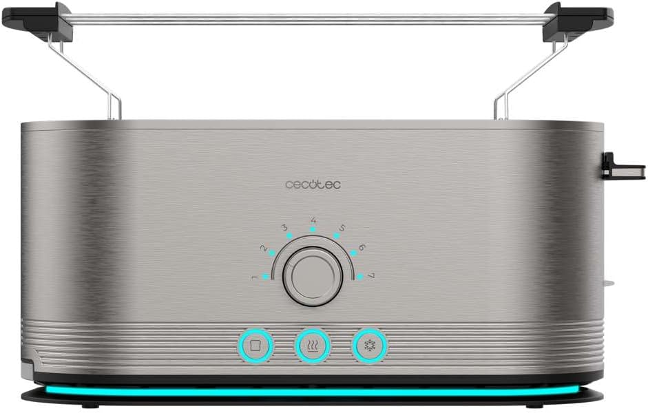 Cecotec Tostadora Vertical de Acero con doble ranura larga Shine&Toast Extra Double. 1400W, Capacidad 4 Tostadas, Ranuras Anchas de 3,8cm, Anillo Luminoso, 7 Niveles de Tostado, Varillas