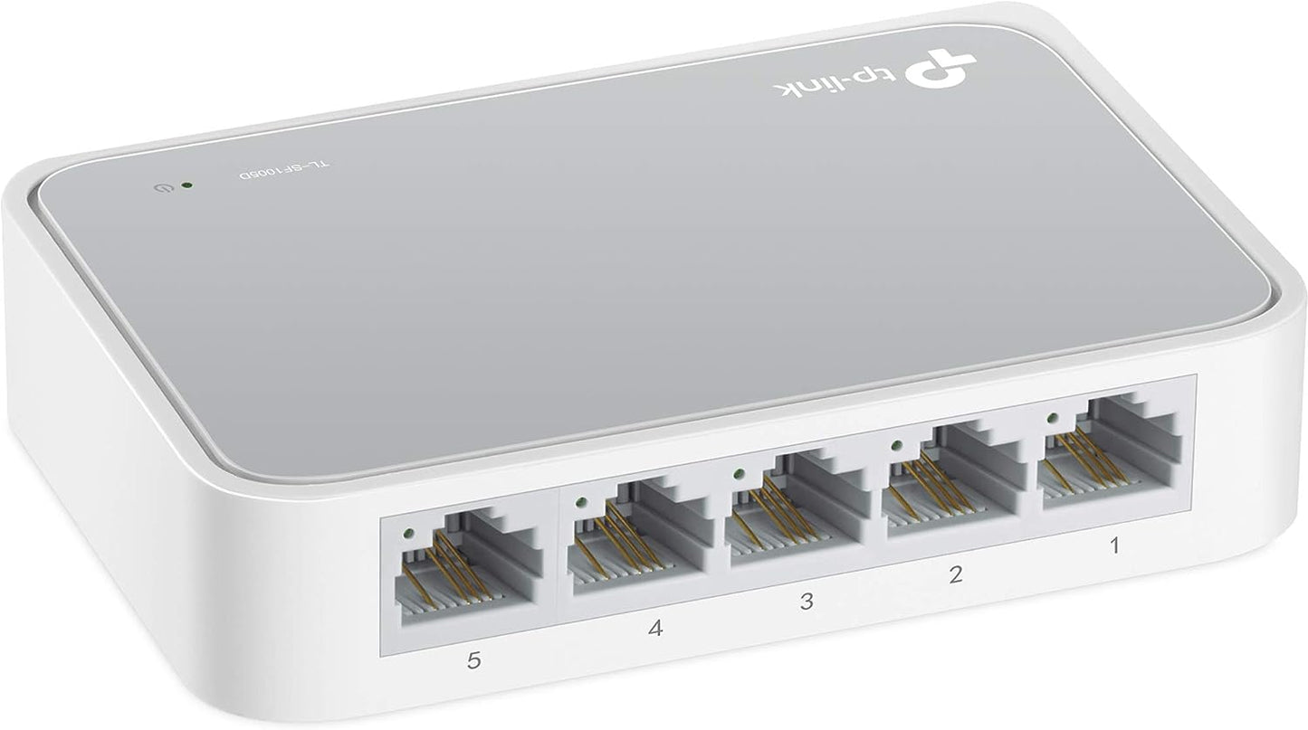 TP-Link TL-SF1005D - Switch Ethernet con 5 Puertos (10/100 Mbps, RJ45, Concentrador de ethernet, Plug and Play, sin Ventilador, No Gestionado), Color Blanco/Gris