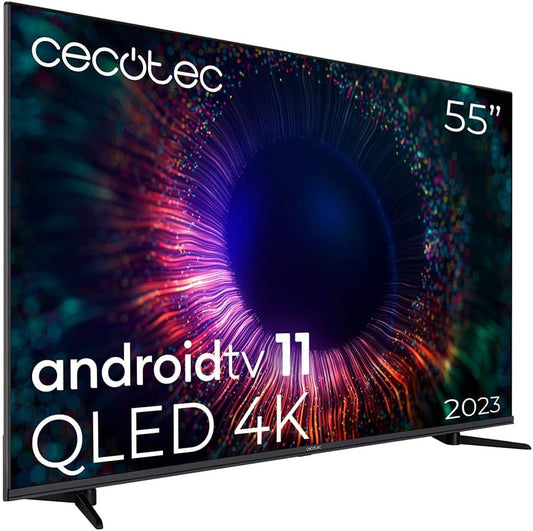 Cecotec Televisor QLED 55” Smart TV V1+ Series VQU11055. 4K UHD, Android 11, Frameless, MEMC, Dolby Vision y Atmos, HDR10, Wide Color Gamut 96%, 2 Altavoces 10W y Subwoofer 12W, 2 Mandos, 2023 [Clase de eficiencia energética E]