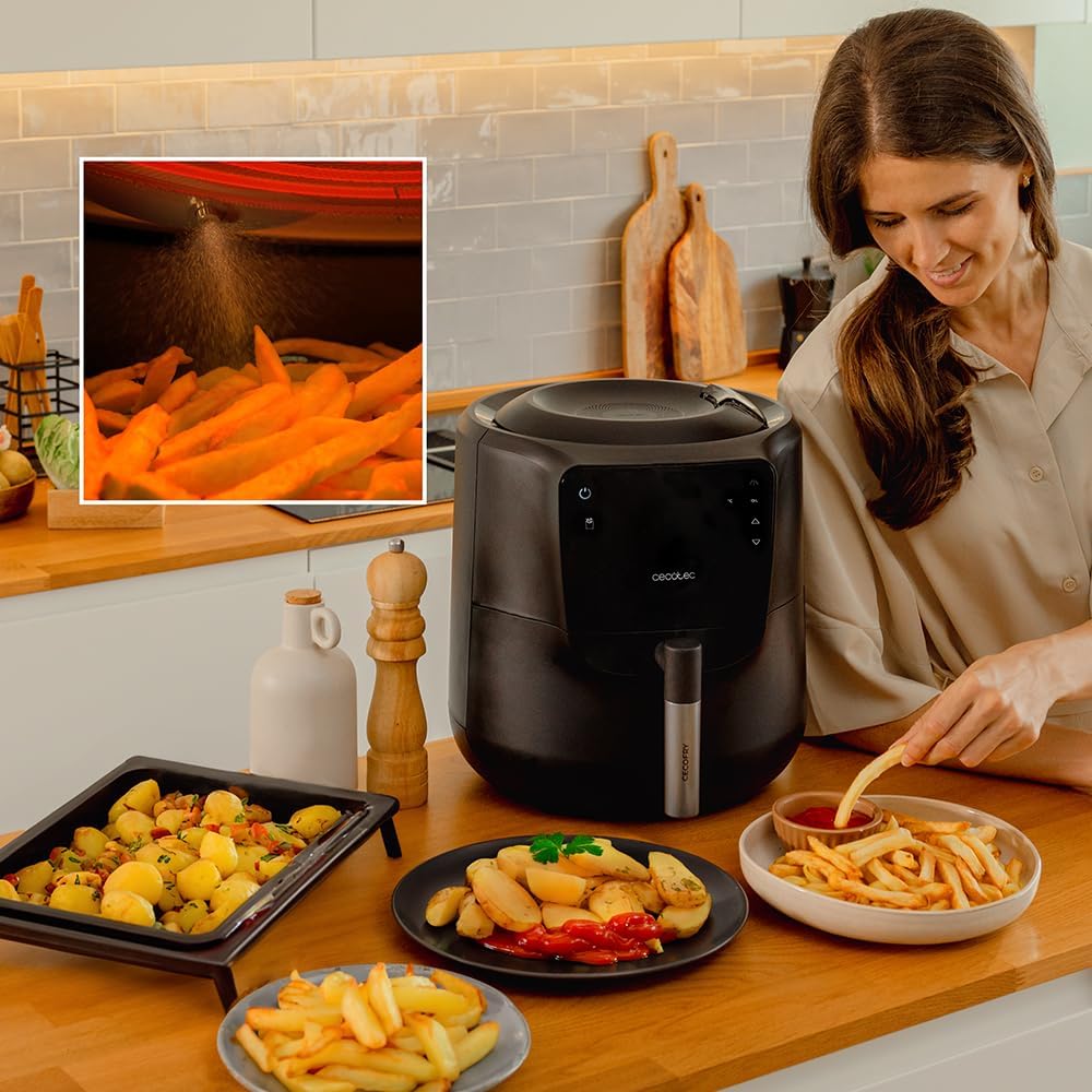 Cecotec Freidora de Aire sin Aceite de 5,5 L Cecofry Rain Pack. Air Fryer con Accesorios. 1550 W, Spray de Aceite Incorporado, Pulverización Automática y Manual, Control Táctil, Autolimpieza