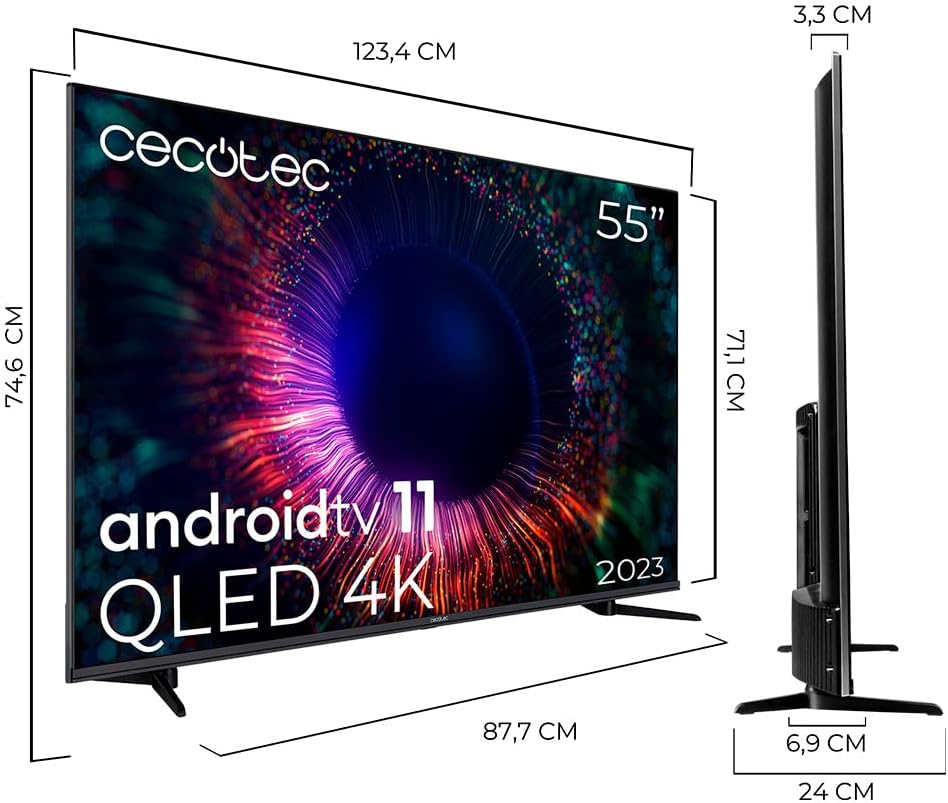 Cecotec Televisor QLED 55” Smart TV V1+ Series VQU11055. 4K UHD, Android 11, Frameless, MEMC, Dolby Vision y Atmos, HDR10, Wide Color Gamut 96%, 2 Altavoces 10W y Subwoofer 12W, 2 Mandos, 2023 [Clase de eficiencia energética E]