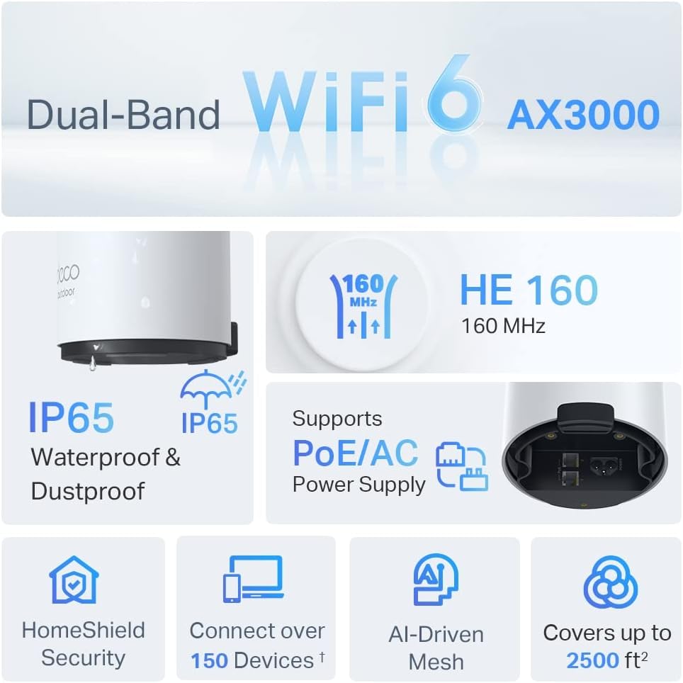 TP-Link Deco X50-Outdoor (1-Pack) - Sistema WiFi 6 AI Mesh, AX3000 Doble Banda 2.4 GHz/5 GHz,4k, Cobertura hasta 232 m2, 2X Puertos GigabIt por Unidad, Certificado como Resistente al Agua