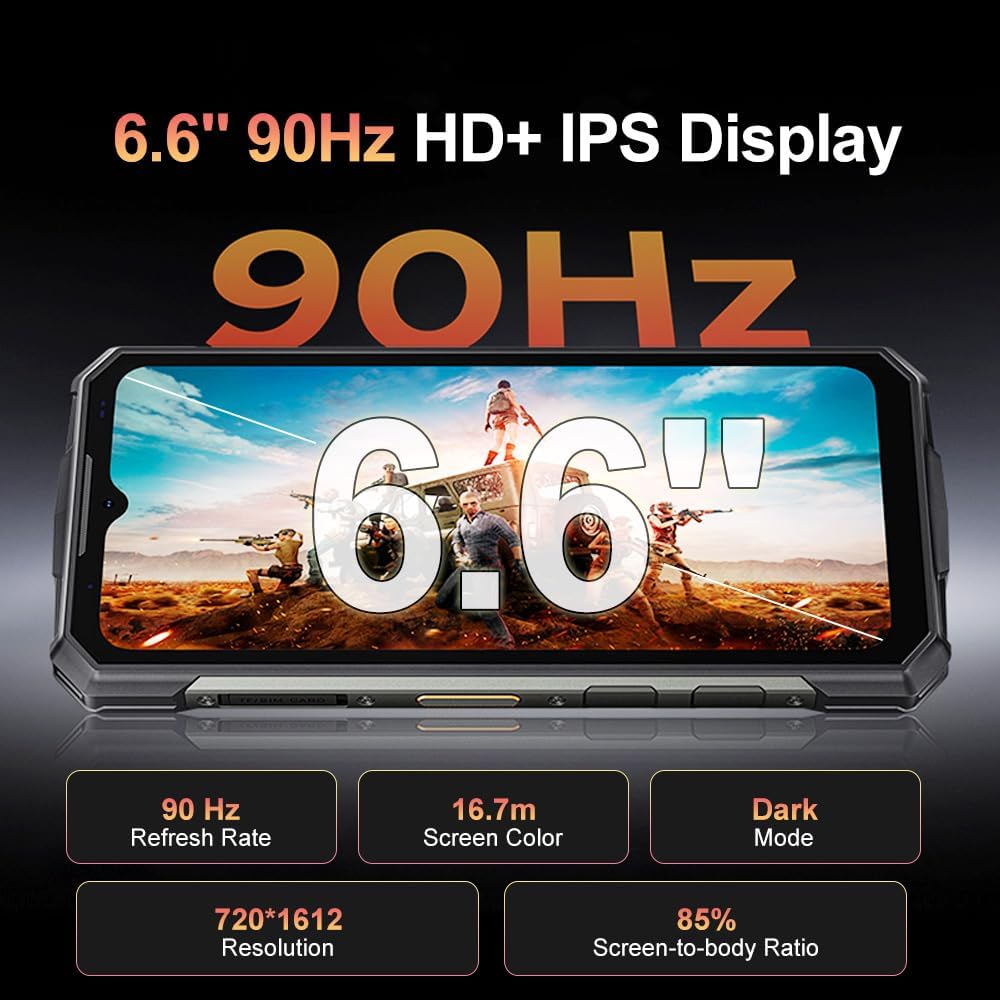 Fire 5 Móvil Resistente 4G, 13000mAh 10W, Android 15 Móvil Irrompible,6.6''HD+90Hz, 16MP+8MP AI Cámara, 12GB+64GB/2TB