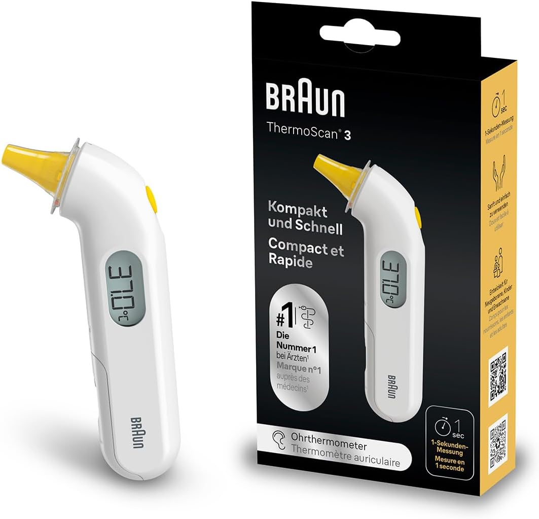 Braun ThermoScan 3 Termómetro de oído , Medición rápida en 1 segundo , Indicador acústico de fiebre , Pantalla digital , Apto para bebés y niños pequeños