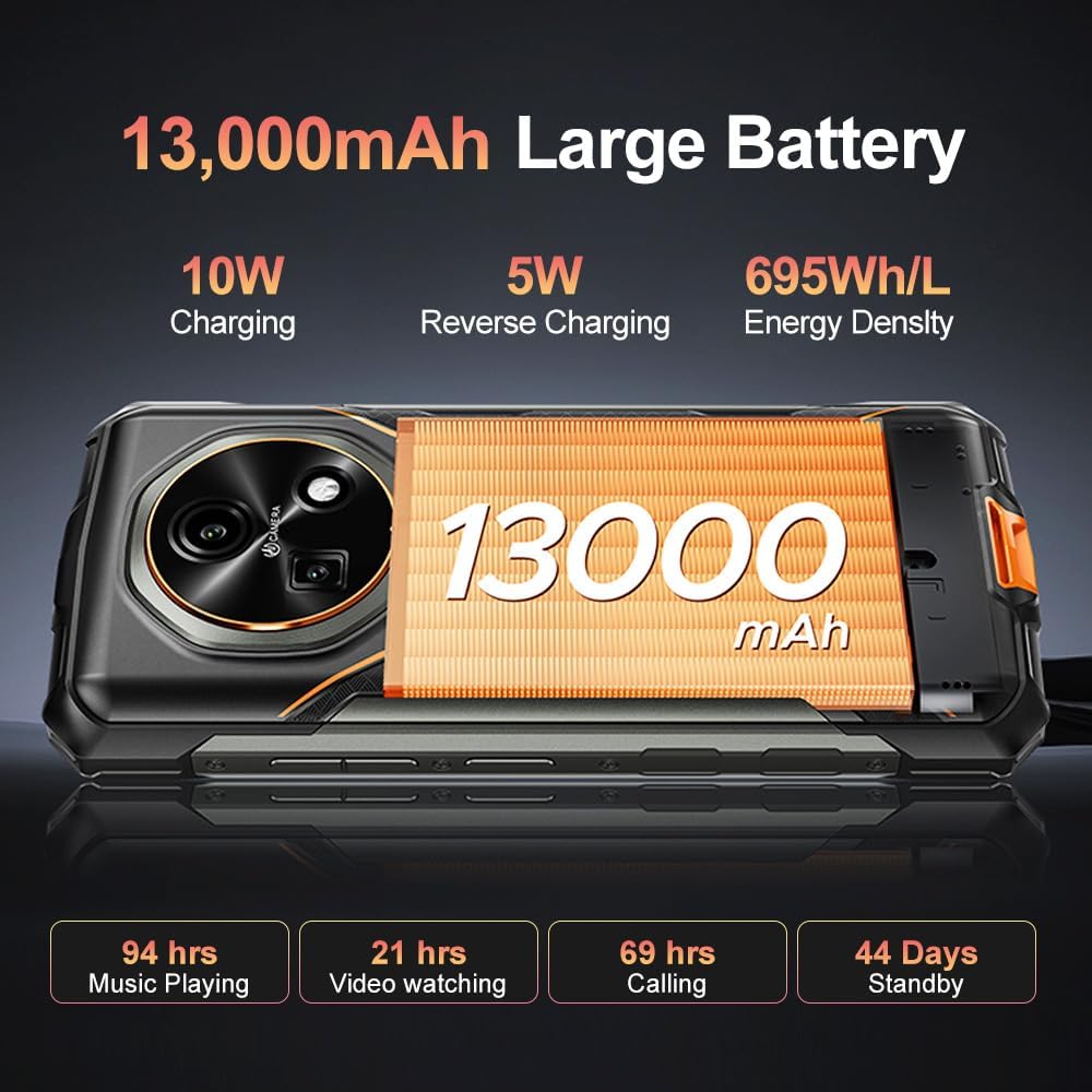 Fire 5 Móvil Resistente 4G, 13000mAh 10W, Android 15 Móvil Irrompible,6.6''HD+90Hz, 16MP+8MP AI Cámara, 12GB+64GB/2TB