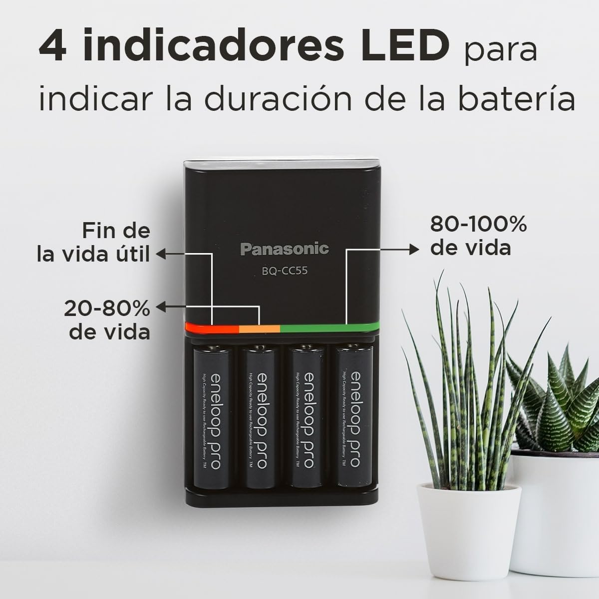 Panasonic ENELOOP Smart Plus  Cargador para 1 a 4 pilas AA/AAA Ni-MH con 4 pilas eneloop pro AA/Mignon y 10 funciones de seguridad.