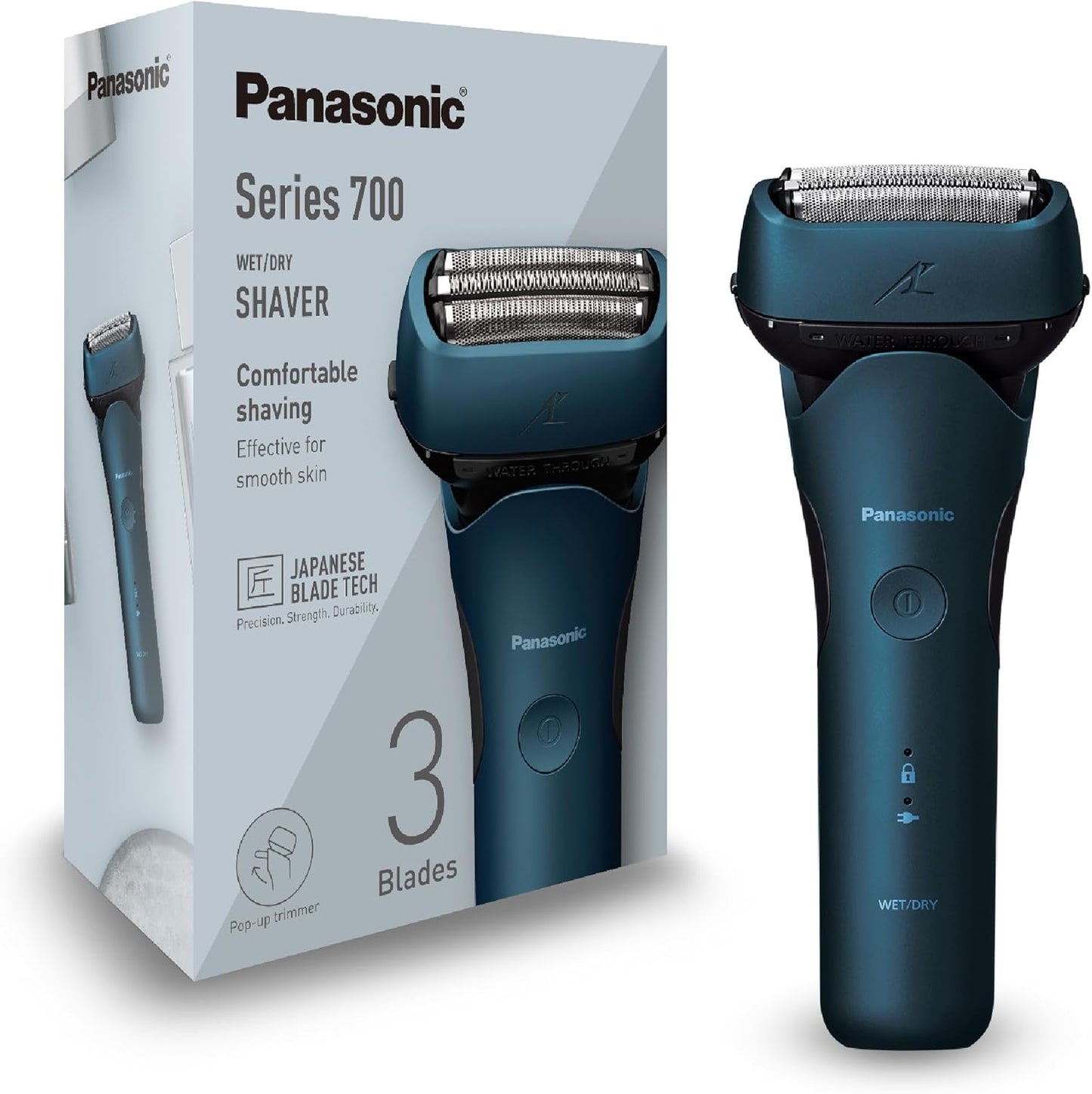 Panasonic Series 700 ES-ALT4B Afeitadora Eléctrica 3 Hojas para Uso en Seco y Húmedo para Hombres, Inalámbrica Impermeable, Sensor Receptivo, Cabezal Flexible, Trimmer, Agarre Ergonómico, Azul