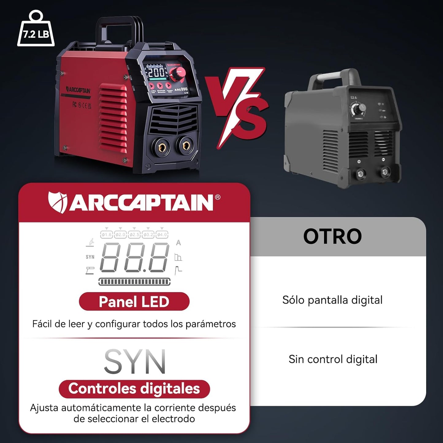 ARCCAPTAIN Soldador Inverter de 200 A con Pantalla LED Grande, Maquina de Soldar TIG ARC/Lift con Control sinérgico, Inversor IGBT, 110 V/220 V Grupo de Soldar MMA con Hot Start, Arc Force