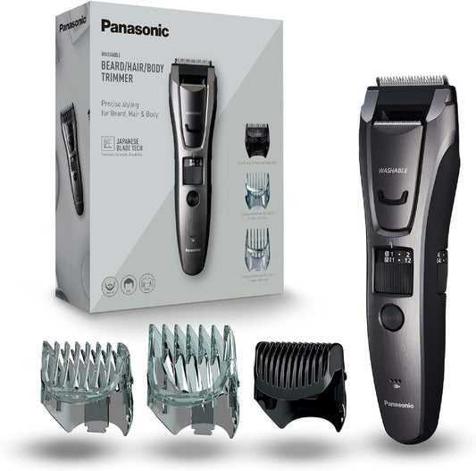 Panasonic ER-GB80-H503 Trimmer de Barba, Cabello y Cuerpo para Hombres, Afeitadora Portátil, 39 Configuraciones de Longitud, 3 Accesorios, Detallado, Operación Inalámbrica y con Cable, Plateada Oscura