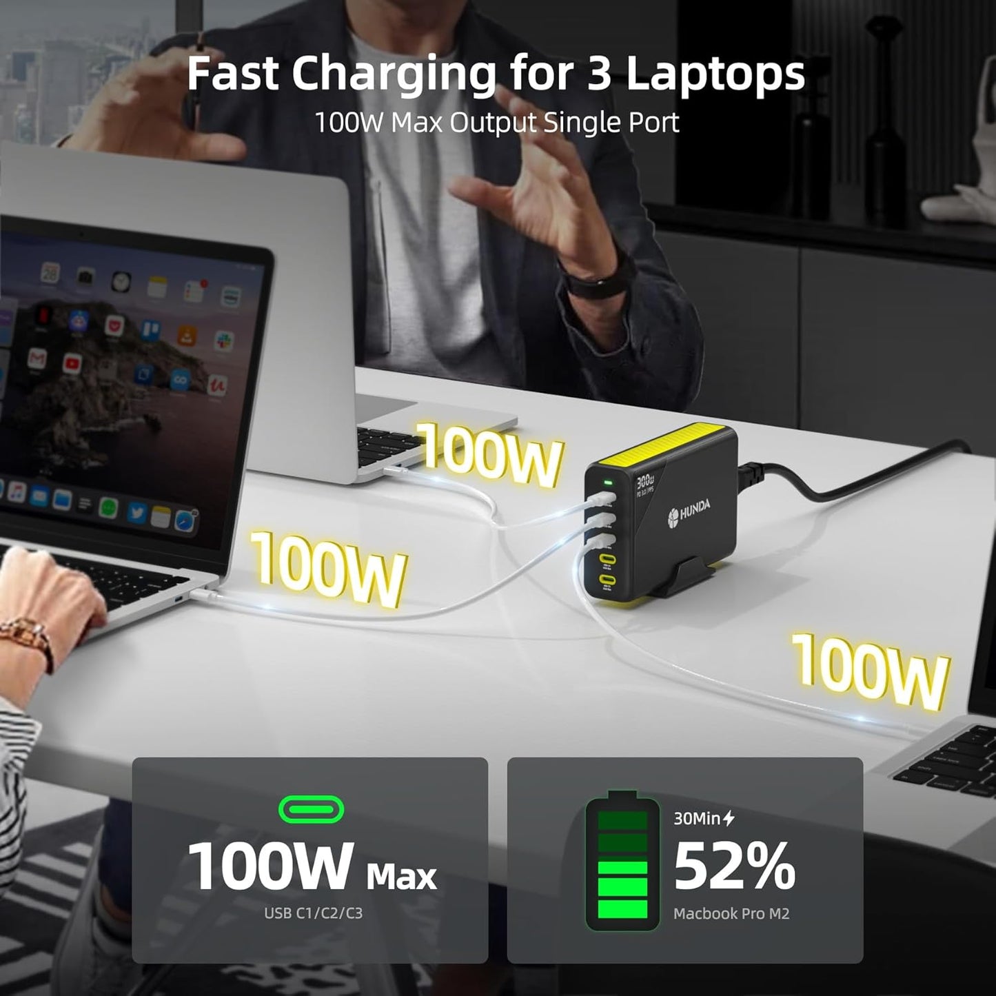 HUNDA - Cargador USB C (300 W, cargador GaN rápido, 5 puertos USB C para MacBook Pro/Air, Google Pixelbook, ThinkPad, Dell XPS, iPad Pro, Galaxy S23/S22, iPhone 15/1413/Pro, etc
