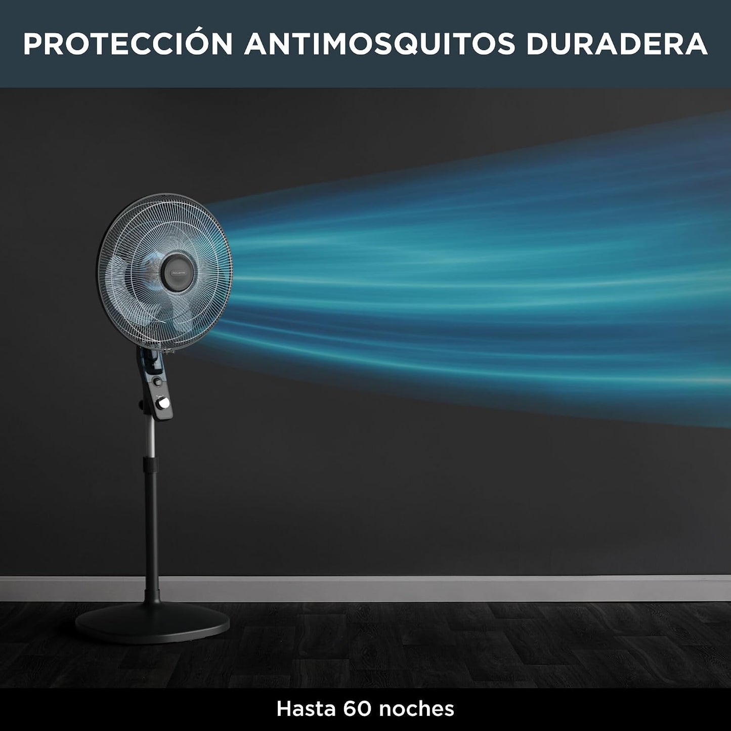 Rowenta Ventilador de pie Essential+ antimosquito VU4420 flujo de aire de 55 m3/min, 3 velocidades, alto rendimiento, oscilación automática, orientación y altura ajustables, 54 dB(A), negro