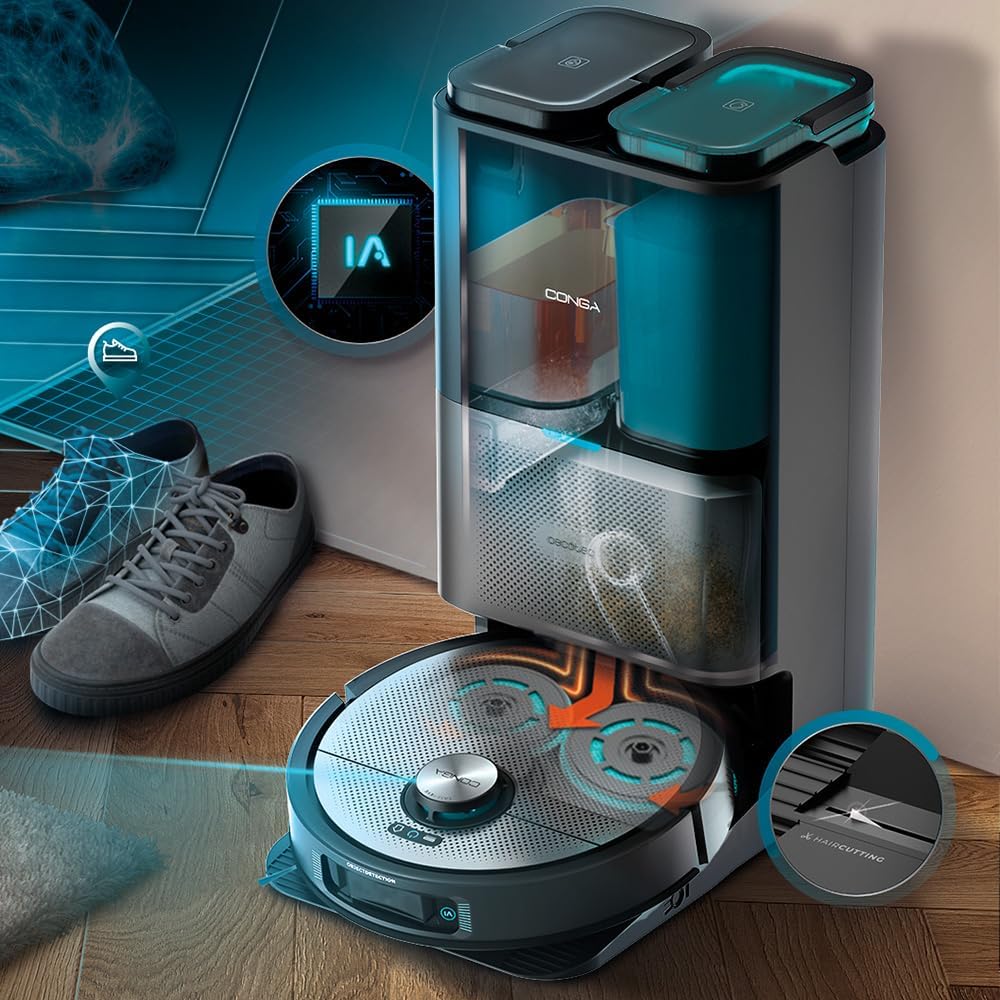 Cecotec Robot Aspirador y Friegasuelos Base Autovaciado con Hair Cutting Conga 20090 ProAI InfinitySoap Cut&SPA. 8000Pa, Tecnología Láser, Detección de Objetos, Dosificador de Jabón, App