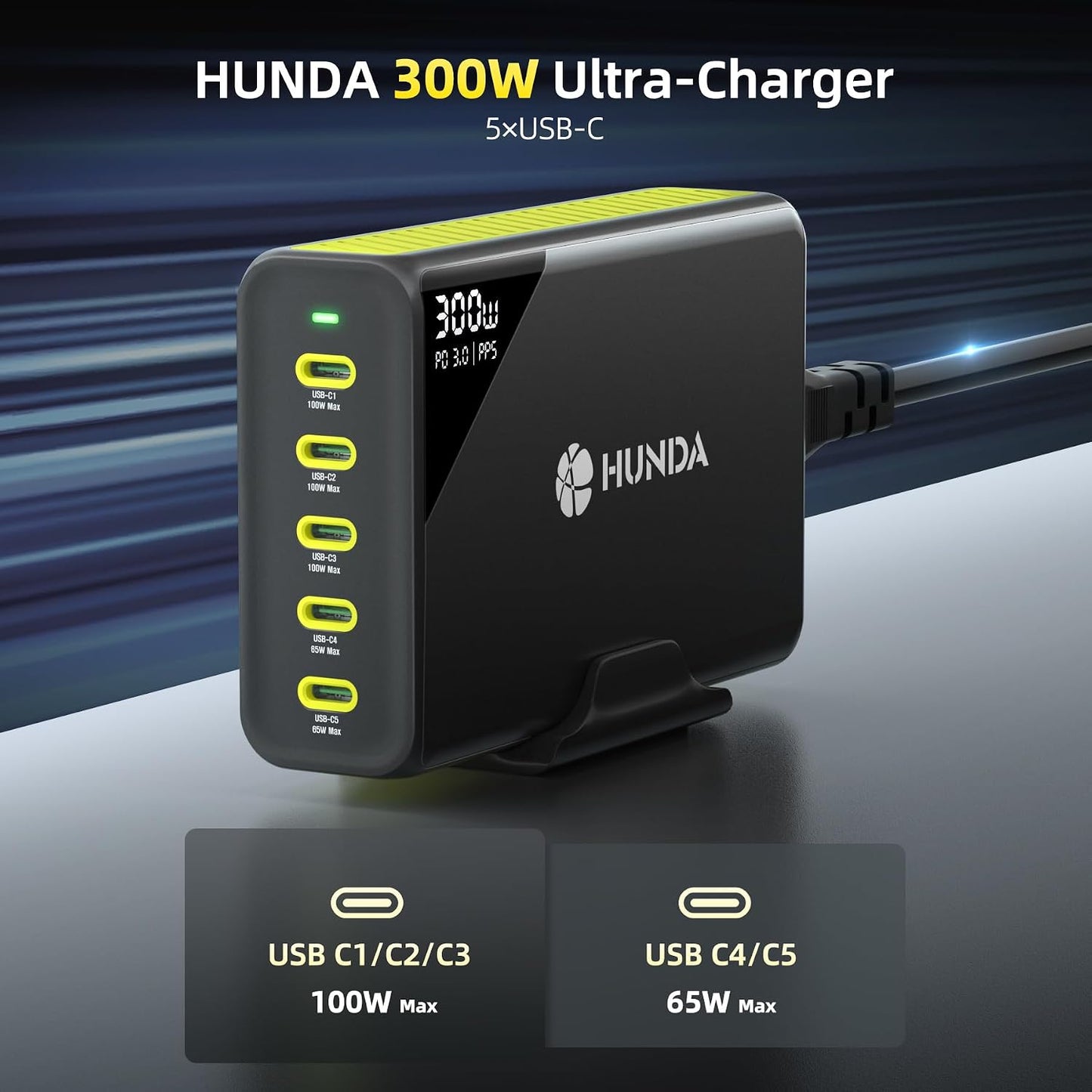 HUNDA - Cargador USB C (300 W, cargador GaN rápido, 5 puertos USB C para MacBook Pro/Air, Google Pixelbook, ThinkPad, Dell XPS, iPad Pro, Galaxy S23/S22, iPhone 15/1413/Pro, etc