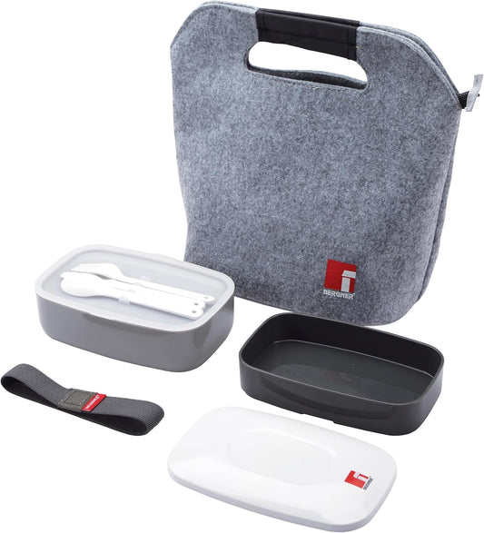 Bergner Q2099 Walking business - walking business set hermético 2 capas + cubiertos + bolsa isotérmica, fieltro, gris y negro, 34x16x28 cm