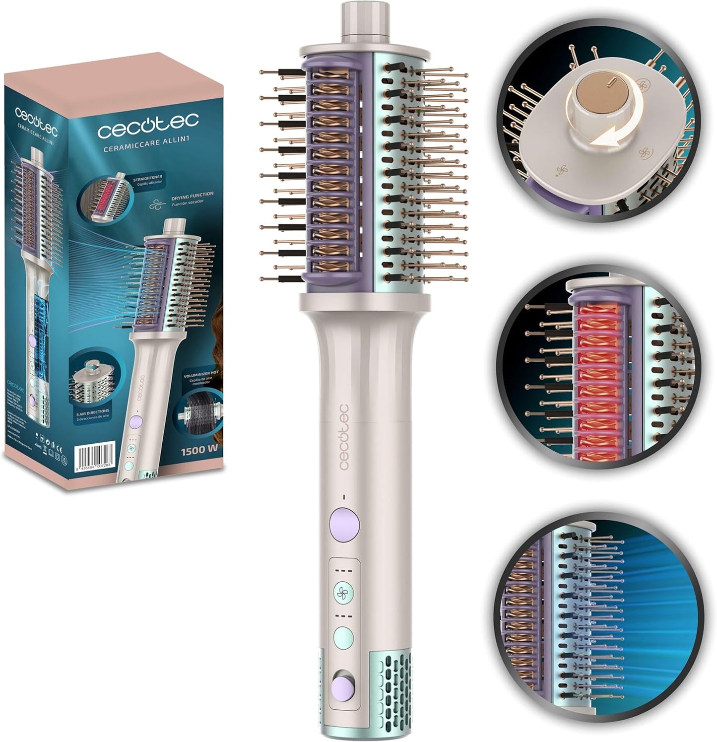 Cecotec Cepillo de Aire Multifunción Moldeador Alisador CeramicCare Allin1. 1500, Cepillo Multifuncional, 4 Funciones, Motor BLDC, 3 Direcciones de Aire, Tecnología de Iones