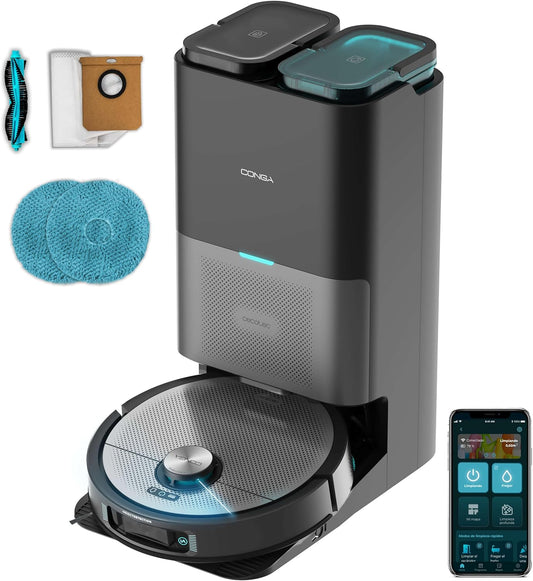 Cecotec Robot Aspirador y Friegasuelos Base Autovaciado con Hair Cutting Conga 20090 ProAI InfinitySoap Cut&SPA. 8000Pa, Tecnología Láser, Detección de Objetos, Dosificador de Jabón, App