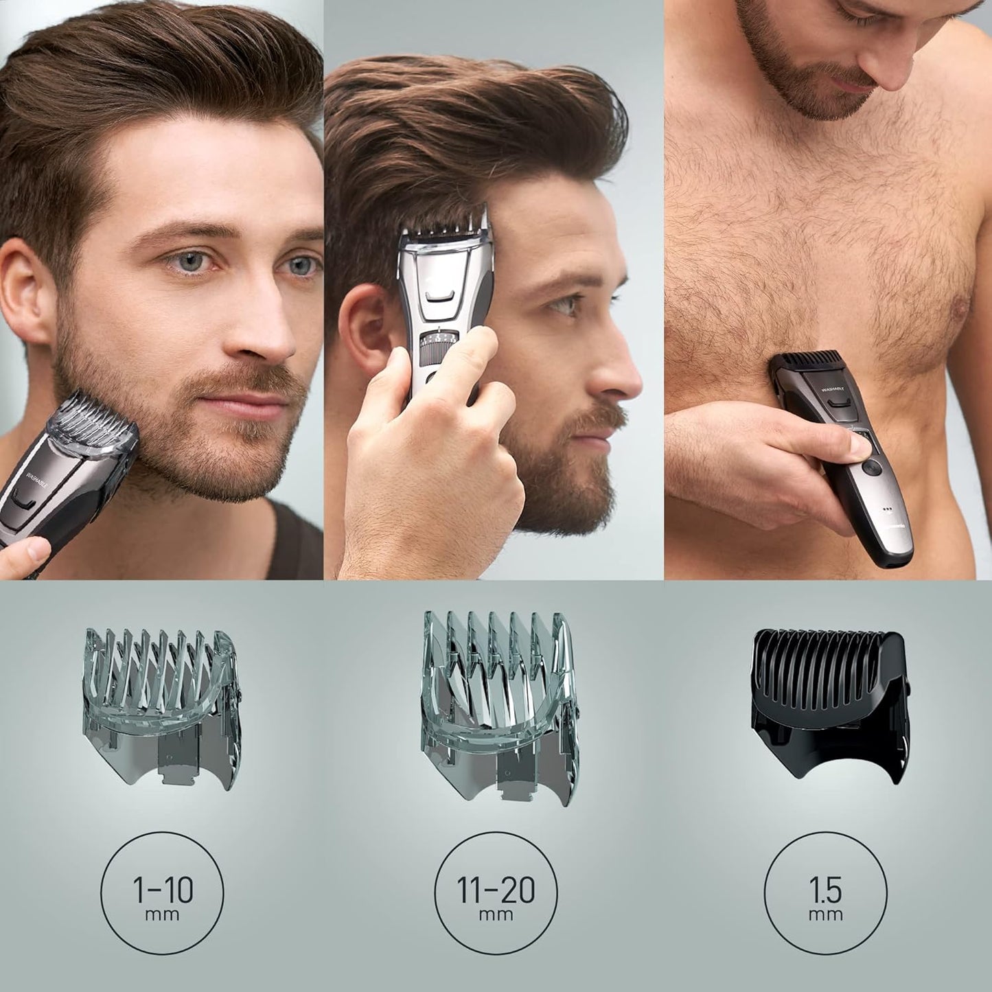 Panasonic ER-GB80-H503 Trimmer de Barba, Cabello y Cuerpo para Hombres, Afeitadora Portátil, 39 Configuraciones de Longitud, 3 Accesorios, Detallado, Operación Inalámbrica y con Cable, Plateada Oscura