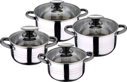 San Ignacio Bateria de cocina 8 piezas-acero inoxidable-tapas de vidrio-apta para inducción-Colección Hita, Ø16 Ø18 Ø20 y Ø24 cms