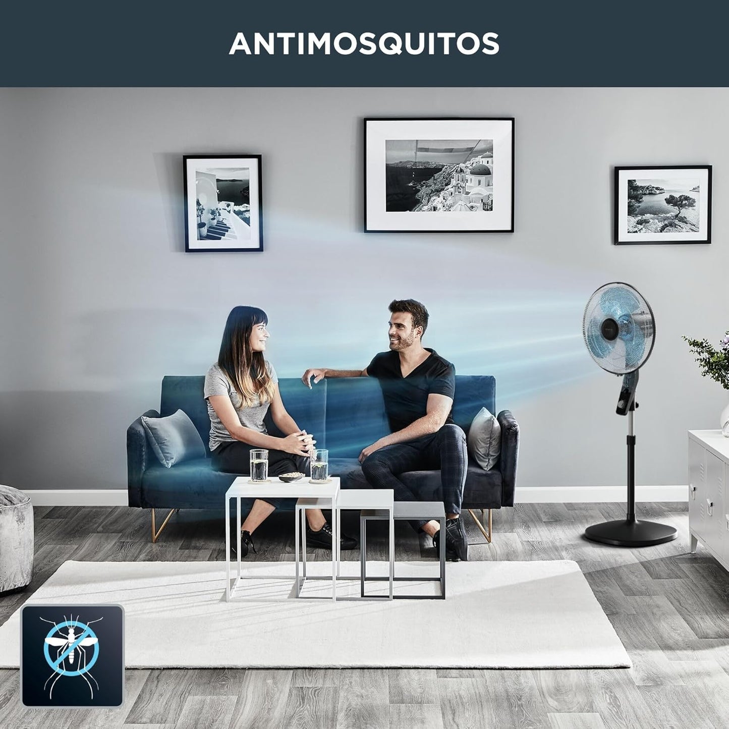 Rowenta Ventilador de pie Essential+ antimosquito VU4420 flujo de aire de 55 m3/min, 3 velocidades, alto rendimiento, oscilación automática, orientación y altura ajustables, 54 dB(A), negro
