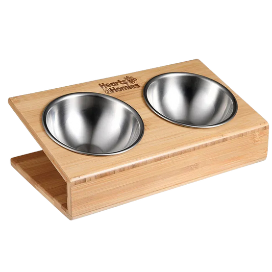 Comedero de Perros Fuente doble en forma de V de acero inox y bambú Hearts&Homies