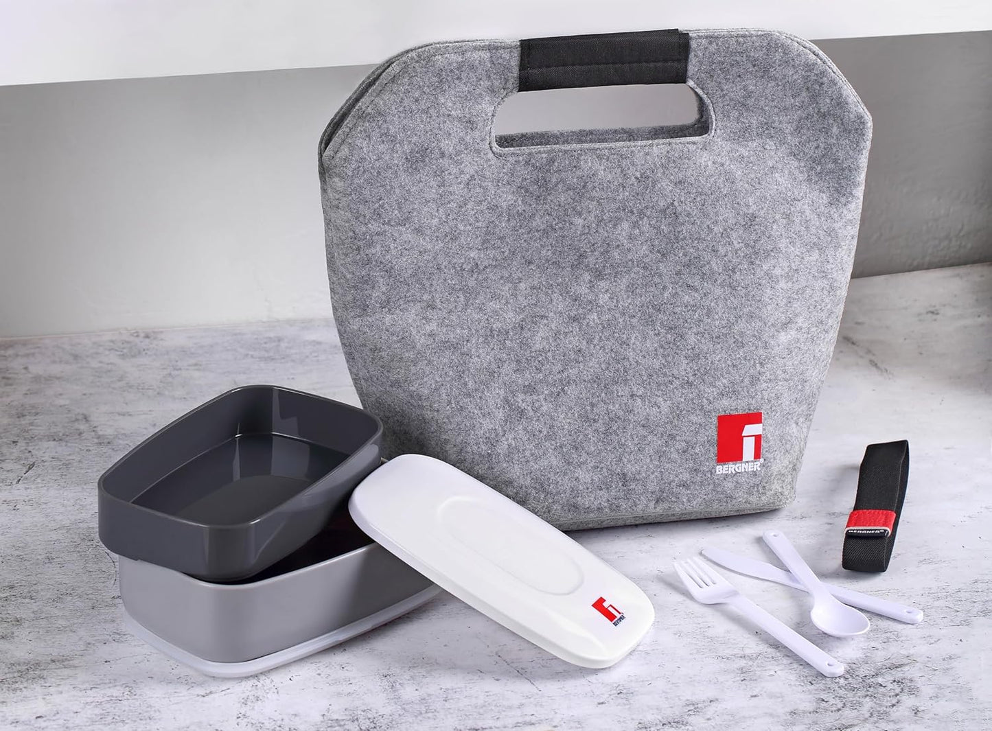 Bergner Q2099 Walking business - walking business set hermético 2 capas + cubiertos + bolsa isotérmica, fieltro, gris y negro, 34x16x28 cm