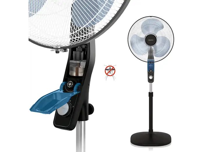 Rowenta Ventilador de pie Essential+ antimosquito VU4420 flujo de aire de 55 m3/min, 3 velocidades, alto rendimiento, oscilación automática, orientación y altura ajustables, 54 dB(A), negro