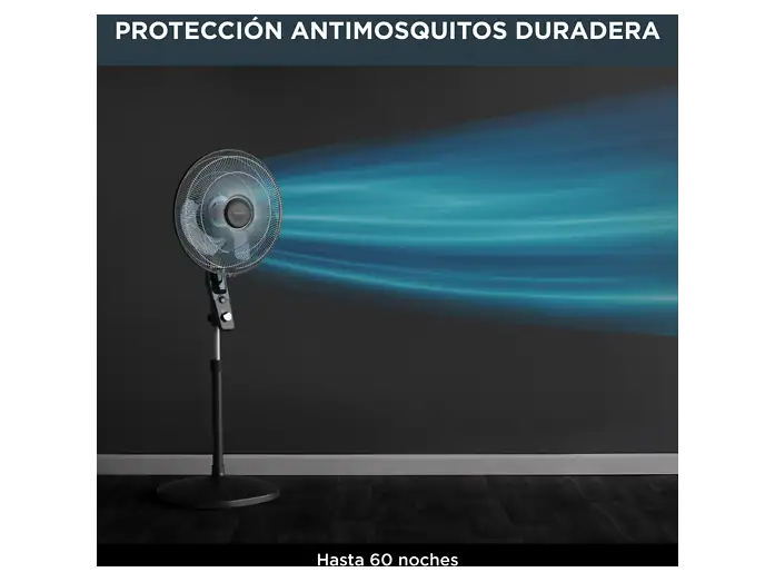 Rowenta Ventilador de pie Essential+ antimosquito VU4420 flujo de aire de 55 m3/min, 3 velocidades, alto rendimiento, oscilación automática, orientación y altura ajustables, 54 dB(A), negro