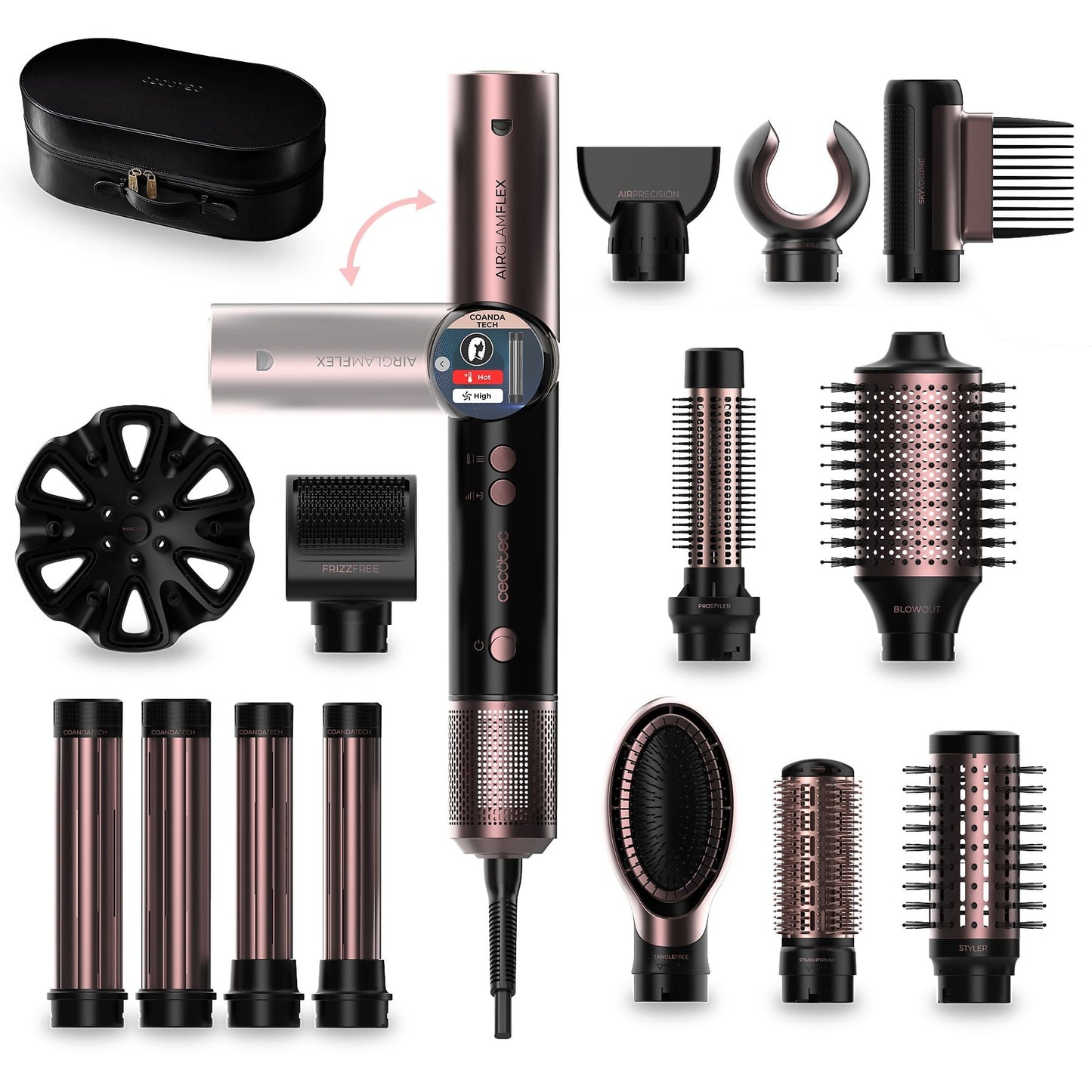 Cecotec AirGlam 14in1 Flex Black, 14 Cabezales intercambiables, Revestimiento cerámica y queratina, Negro