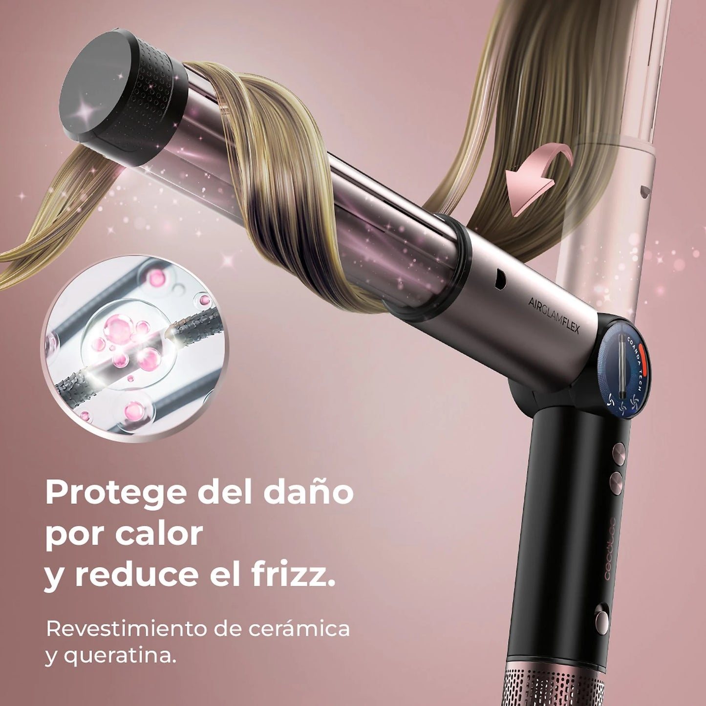 Cecotec AirGlam 14in1 Flex Black, 14 Cabezales intercambiables, Revestimiento cerámica y queratina, Negro