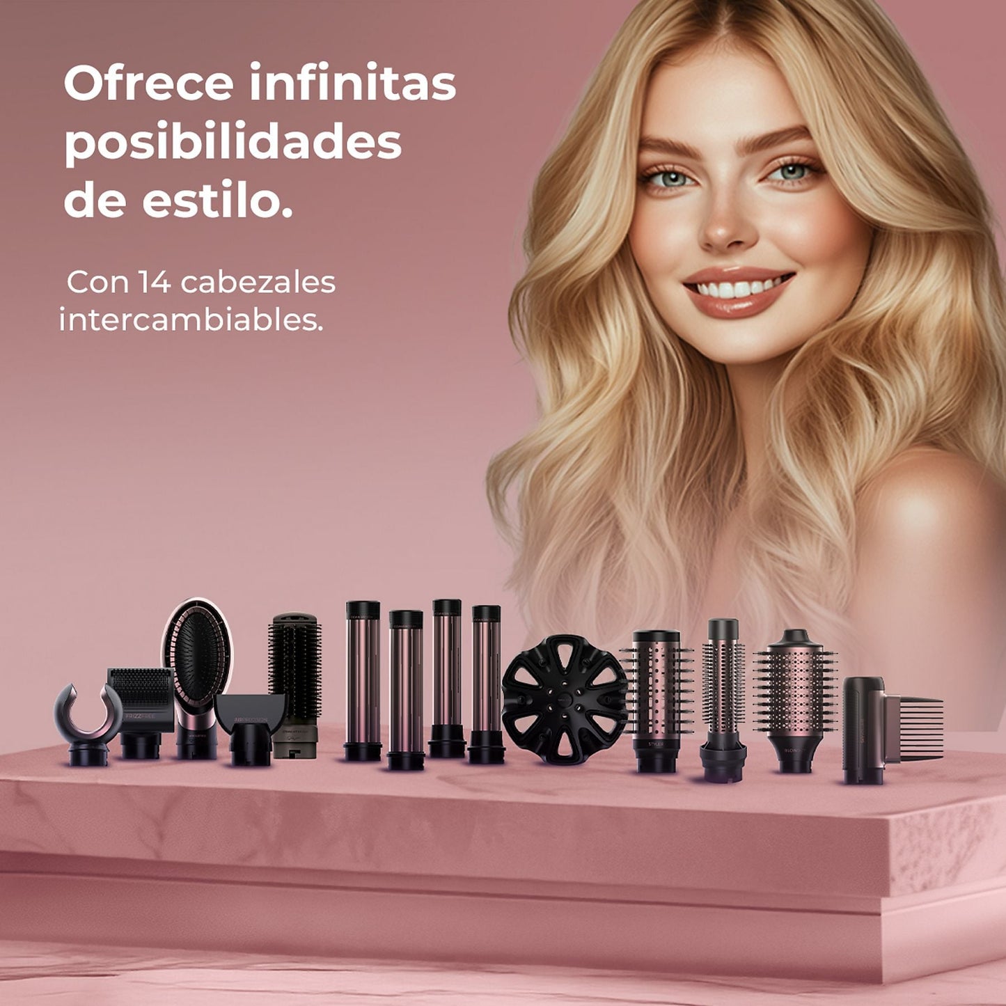 Cecotec AirGlam 14in1 Flex Black, 14 Cabezales intercambiables, Revestimiento cerámica y queratina, Negro