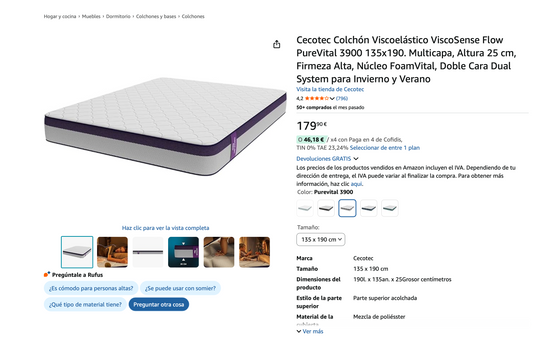 Cecotec Colchón Viscoelástico ViscoSense Flow PureVital 3900 135x190