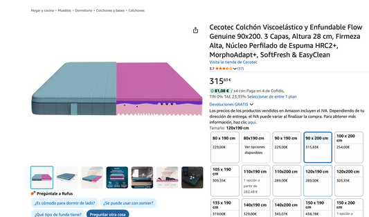 Cecotec Colchón Viscoelástico y Enfundable Flow Genuine 90x200