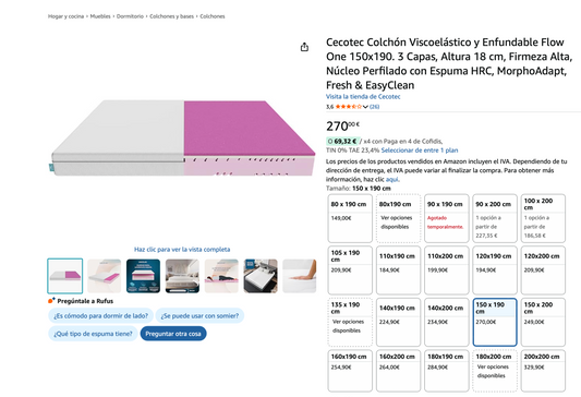 Cecotec Colchón Viscoelástico y Enfundable Flow One 150x190