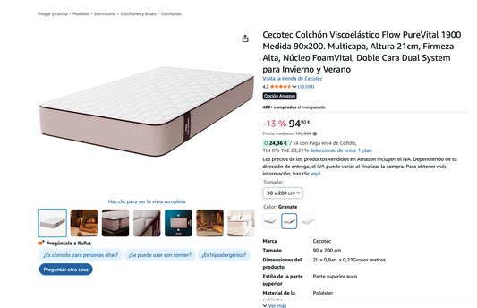 Cecotec Colchón Viscoelástico Flow PureVital 1900 Medida 90x200