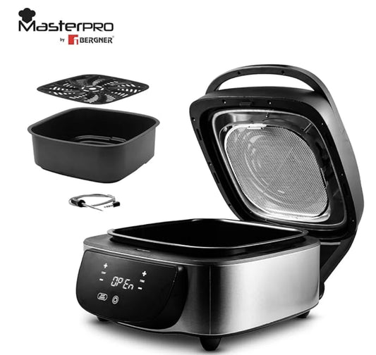 BERGNER Masterpro – Parrilla eléctrica interior sin humo, 7 litros, 1800 W, pantalla digital LED y panel multitáctil, función 5 en 1: grill, hornear, asar, deshidratar y freír con aire gracias a tecnología de aire ciclónico, color plateado