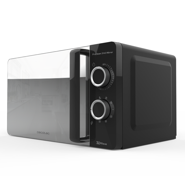 ProClean 3140 Mirror. Microondas Negro de 700 W con 6 Niveles, Grill 800W, 20L, Revestimiento Ready2Clean para mejor Limpieza, Tecnología 3DWave, Diseño Efecto Espejo y Detalles metálicos